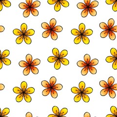 Repeating raster pattern of yellow and orange flowers on a white background