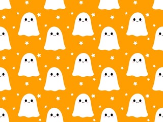 Cute ghosts and stars on orange background repeating halloween pattern
