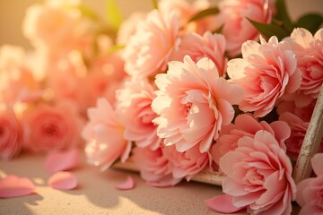 Fototapeta premium Soft light illuminates a cluster of delicate pink camellias, creating a romantic, ethereal mood.