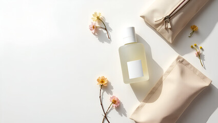 Flat lay of skincare product, pouch and flowers on white background, showcasing minimalist beauty concept.