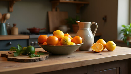 Bowl of Citrus Fruits: A warm and inviting kitchen scene featuring a bowl brimming with oranges and lemons.