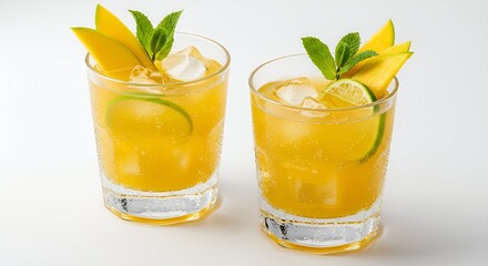 Fototapeta premium Two glasses of refreshing mango cocktails with lime and mint on a white background evoke summer.