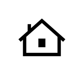 Simple black and white icon of a house with a chimney and a square window.