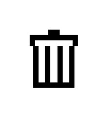 Black and white graphic icon of a trash can, simple design.