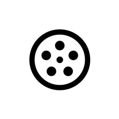 A simple black and white icon of a film reel with five dots.