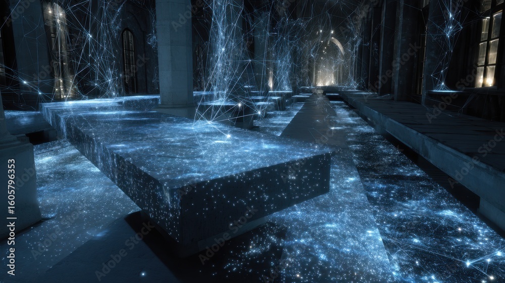 Poster luminescent flagstones and paths are controlled by a robotic interface, with screens displaying real