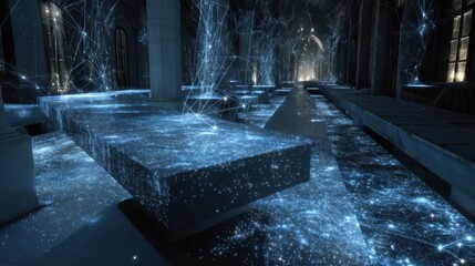 Luminescent flagstones and paths are controlled by a robotic interface, with screens displaying real time progress and environmental data in a dimly lit corridor adorned with pillars