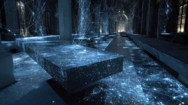 Luminescent flagstones and paths are controlled by a robotic interface, with screens displaying real time progress and environmental data in a dimly lit corridor adorned with pillars - Powered by Adobe