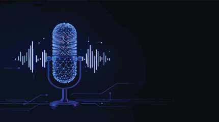 Digital microphone illustration representing sound waves and audio technology on a dark background.