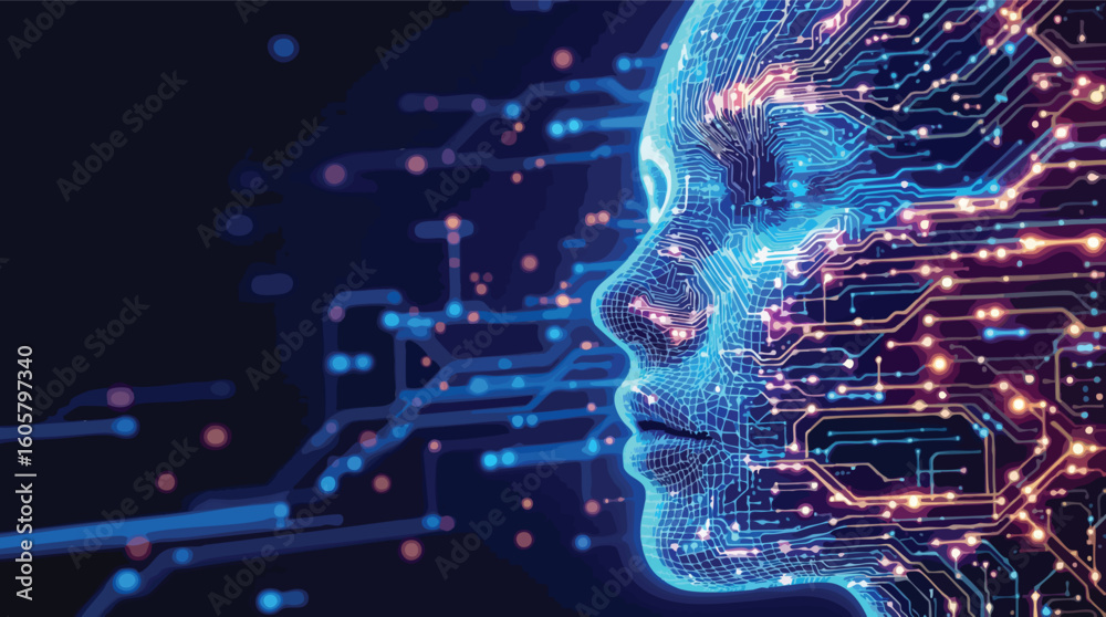 Poster digital representation of artificial intelligence depicted as a human face with circuitry patterns.