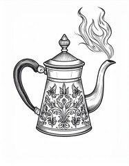 Detailed Teapot Illustration with Steam in Black and White Isolated on White