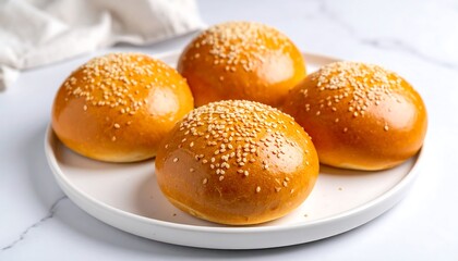 Golden sesame burger buns, freshly baked and displayed on a pristine white plate