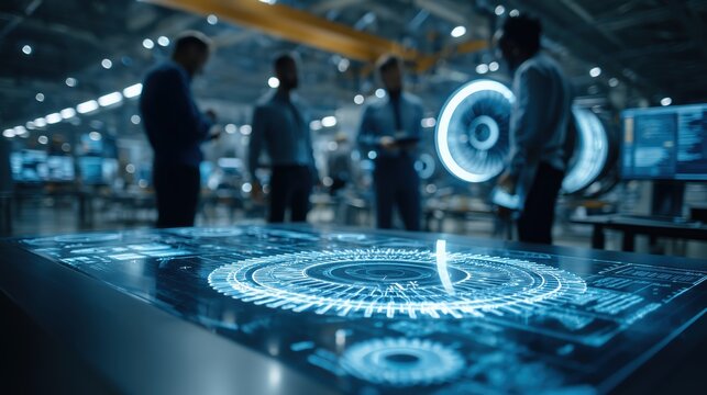Business Team Meeting In Modern Industrial Facility With Advanced Holographic Interface
