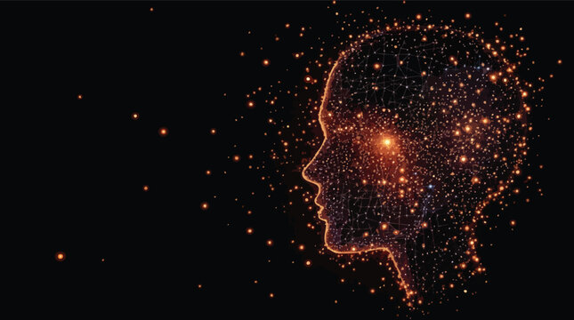 Human head silhouette formed by glowing dots representing brain activity and neural connections.