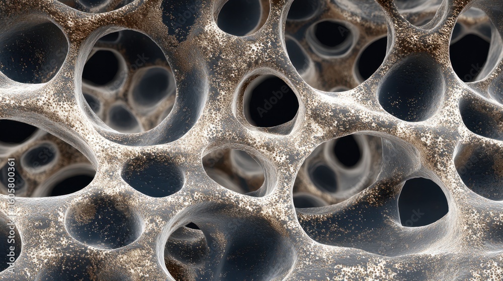 Poster microscopic exploration revealing nanovoid implanted steel's intricate surface structure, highlighti