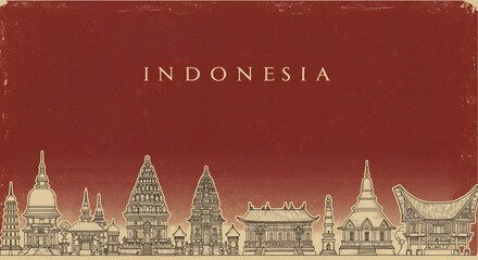 Indonesia Independence Day August 17th Vintage travel concept poster for Indonesia, featuring an illustrative skyline of famous cultural architecture and traditional landmarks.