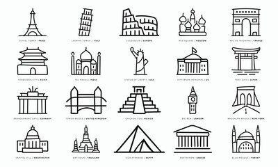 Hand-Drawn World Famous Landmarks – Fun Doodle Style Vector Art Collection for Travel and Tourism Design