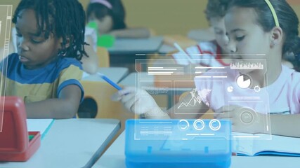Boy writing beside red tablet causing floating data panels while girl writing lines in classroom - Powered by Adobe
