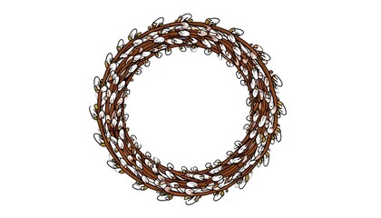 Obraz premium Hand Drawn Spring Easter Wreath with Willow Branches and Catkins on White