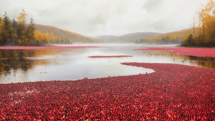 Autumn lake covered in cranberries
