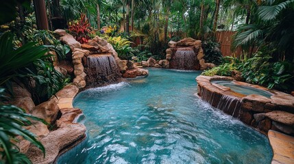 Tropical oasis spa with cascading waterfalls