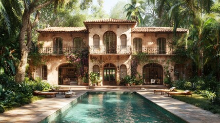 Luxurious Mediterranean-style home with pool and lush tropical garden