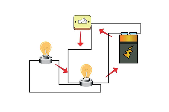 Series and parallel electrical circuits. Parallel circuit, Series circuit, basic electric circuits experiment vector. Kirchhoff voltage law. series and parallel circuits with Batter and light bulb
