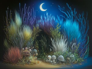 Enchanted Mushroom Forest under a Crescent Moon, Dreamlike Scene Illustration