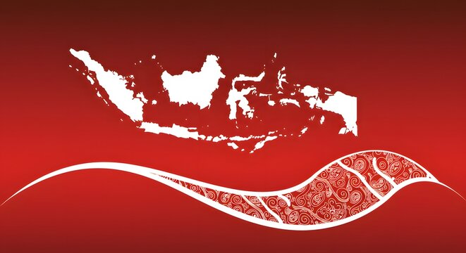 Indonesia Independence Day August 17th A graphic illustration celebrating Indonesian culture, featuring a national map silhouette and a decorative batik wave on a red background.