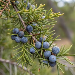 A cluster of dark blue juniper berries attached to green needle-like leaves, showcasing their natural texture and vibrant colors