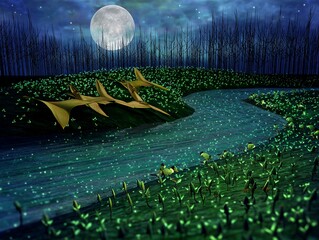 Pterodactyls gliding over a magical moonlit river surrounded by glowing plants