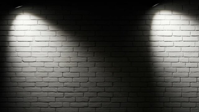 A white brick wall illuminated by a single spotlight casting shadows on the right side of the wall