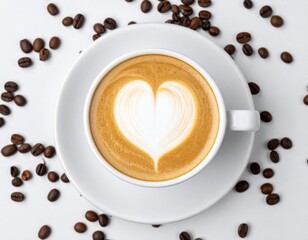Obraz premium Latte Art Heart Shape in White Cup Surrounded by Coffee Beans on Light Backdrop