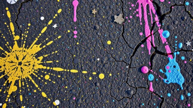 Colorful urban decay in mixed media showcases vibrant splashes of paint against cracked surface creating striking visual contrast - Powered by Adobe