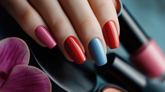 A hand displaying vibrant nail polish colors in a beauty setup with flowers