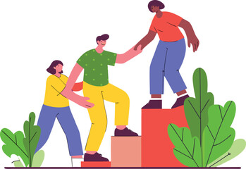  Employees giving hands and helping colleagues to walk upstairs. Team giving support, growing together. Vector illustration for teamwork, mentorship, cooperation concept