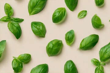 Fototapeta premium Fresh green basil leaves scattered creating a seamless pattern. A food background with aromatic herb for cooking and healthy eating.
