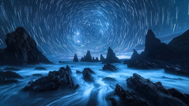 Starry night beach scene