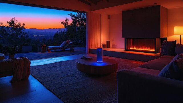 Modern living room at sunset with smart speaker.  