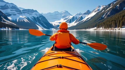 Stunning drone view of kayak mountains showcases serene landscape with vibrant orange kayak gliding through crystal clear waters surrounded by