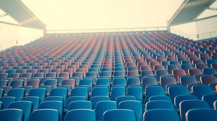 Fototapeta premium Rows of vibrant stadium seating bathed in sunlight, perfect for sports event marketing campaigns