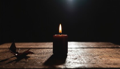 Atmospheric candle flame with autumn leaf on rustic wooden table in darkness - memorial, meditation and remembrance concept with dramatic chiaroscuro lighting