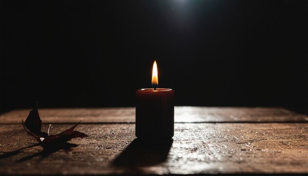 Atmospheric candle flame with autumn leaf on rustic wooden table in darkness - memorial, meditation and remembrance concept with dramatic chiaroscuro lighting