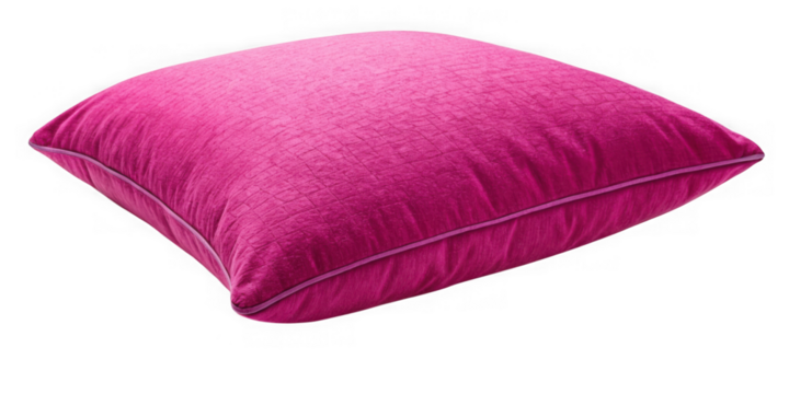 A plush pink square throw pillow with white piping isolated on transparent background - Powered by Adobe