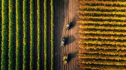 Aerial view of vineyards with tractors