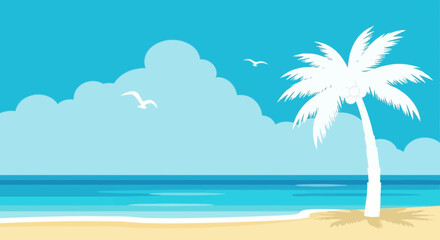 Tranquil tropical paradise scene with azure ocean, a solitary palm tree, and gentle clouds evokes peaceful serenity