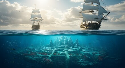 Obraz premium Sailing Ship Above Sunken City Lost Civilization Discovery
