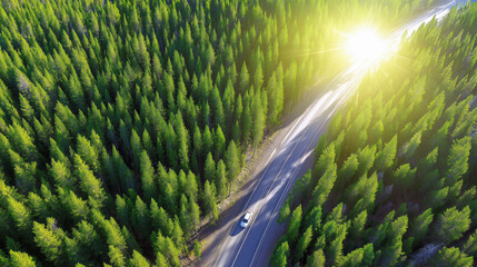 Winding road through dense green forest with sunlight peeking on a clear day