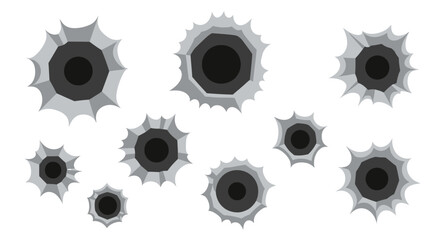 Multiple bullet holes on a white surface showing impact and damage, suggesting conflict or target practice graphic vector illustration