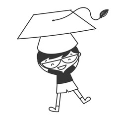 happy kid wearing graduation hat in doodle cartoon style